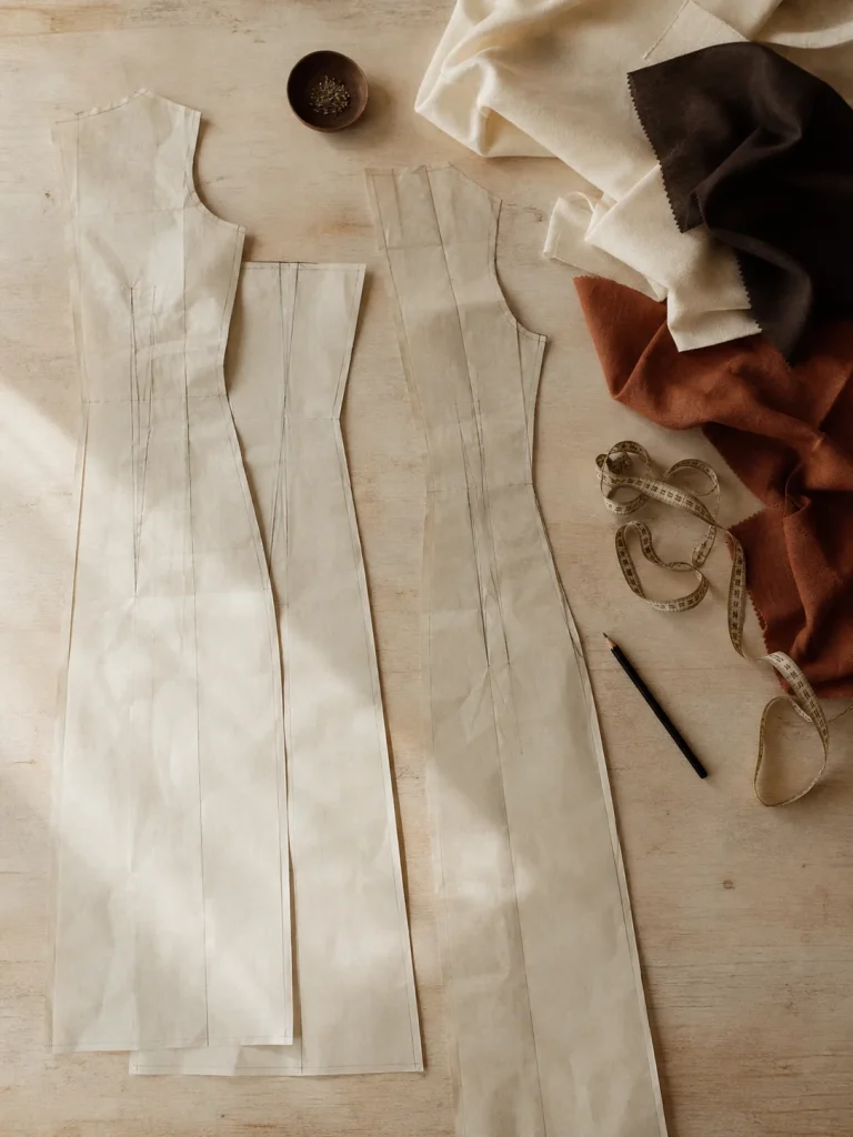 Paper pattern pieces for a long dress with fabric swatches.