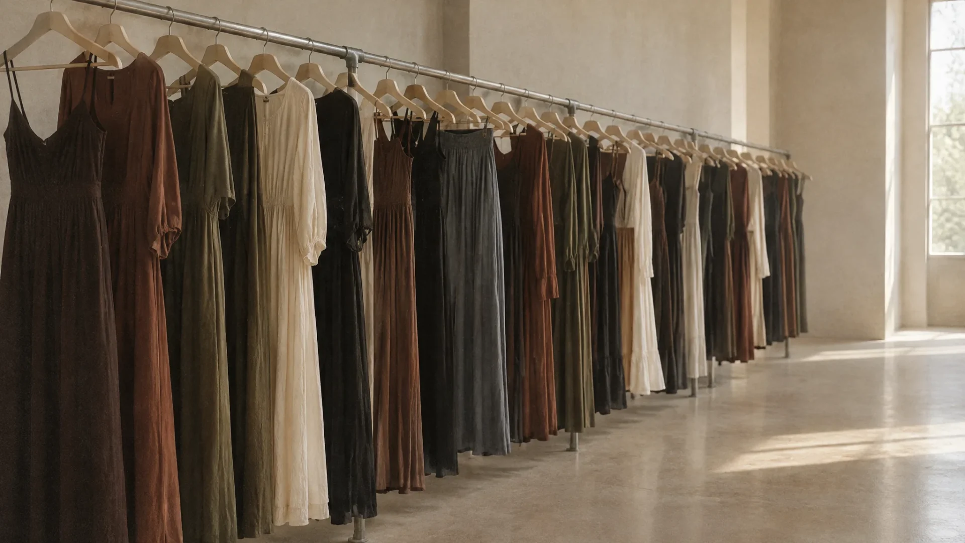 Long dresses and skirts on a rail in a bright studio.