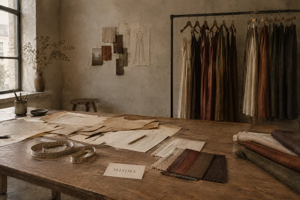 The SELVORN studio with a rail of long dresses and pattern pieces.