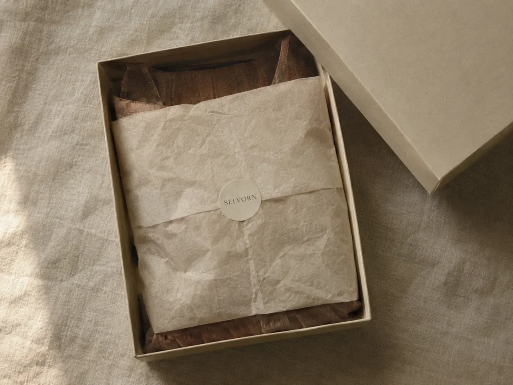 A folded dress in bone tissue paper with a SELVORN sticker.
